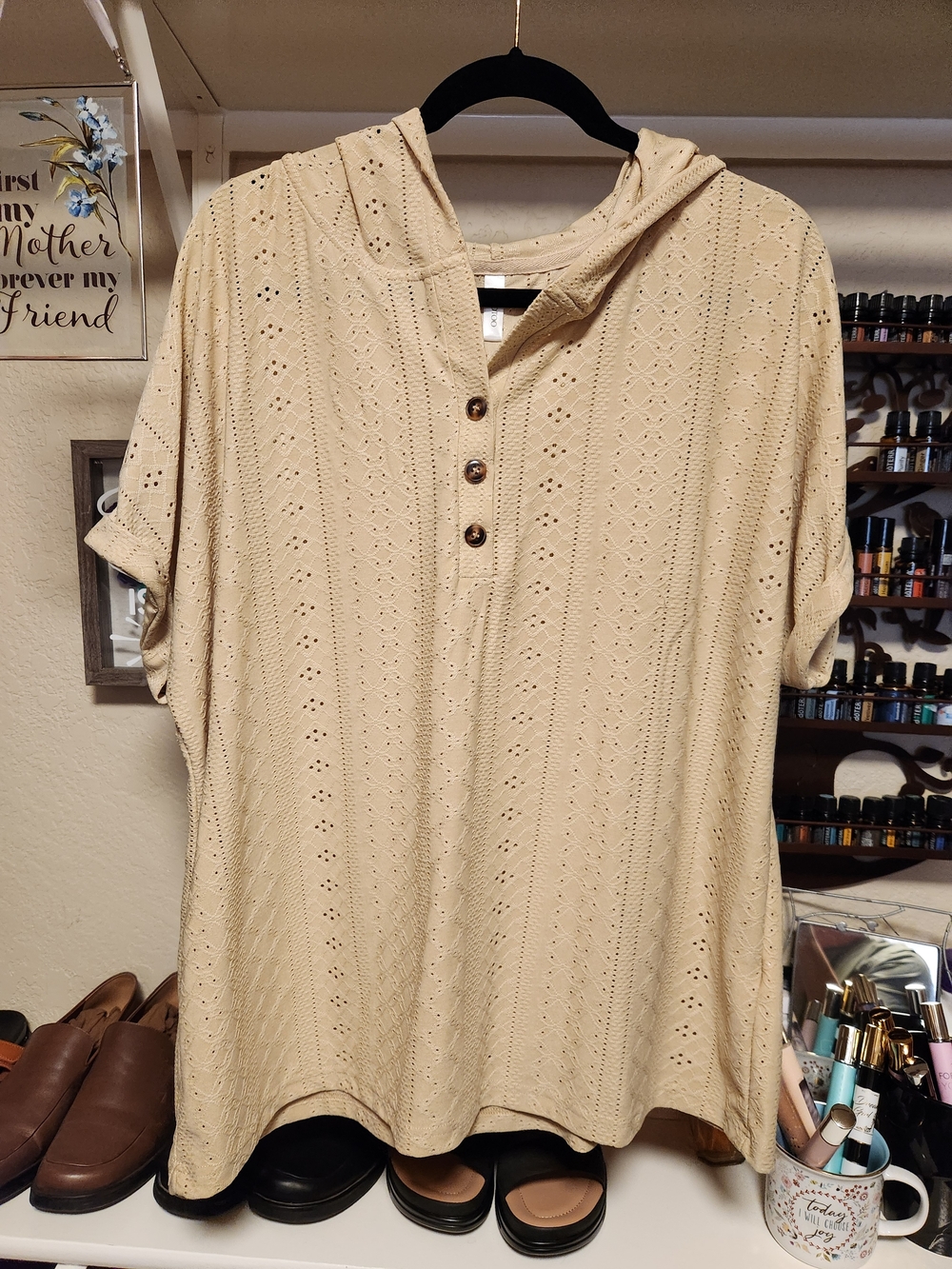 Women's Cream Eyelet Hooded Button-Front Top